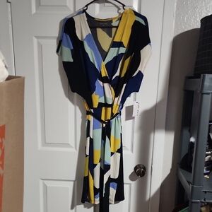 Nine West Asymmetrical Dress in Blue, Yellow, and Cream